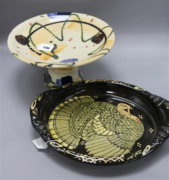 Sandy Brown (b. 1946), a ceramic comport and a 1989 studio pottery oval Turkey dish,
